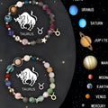 Set of two natural stone beaded bracelets for zodiac signs on a wrist.