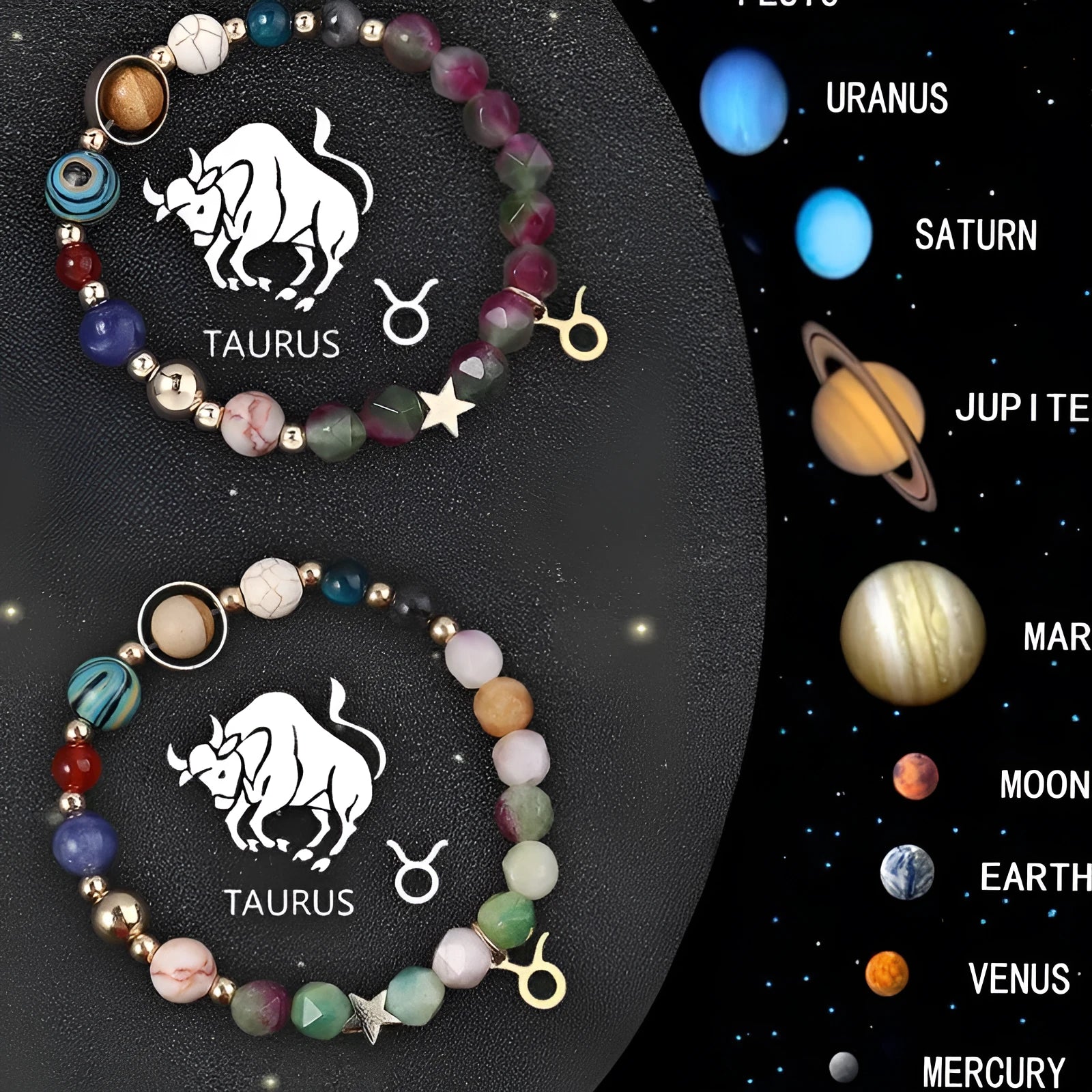 Set of two natural stone beaded bracelets for zodiac signs on a wrist.