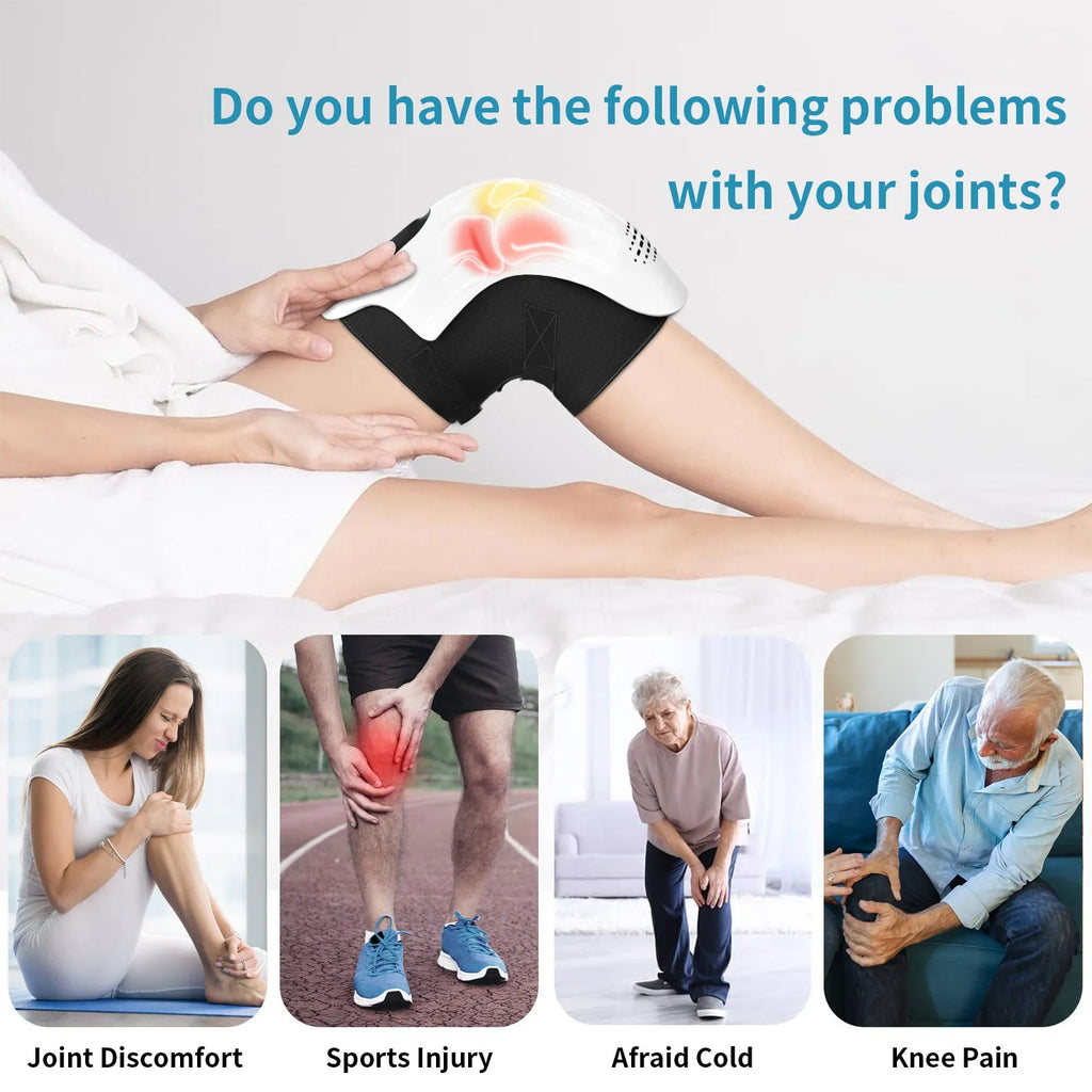 Electric knee massager with intelligent kneading and heating, white colour, USB rechargeable, placed on a sofa