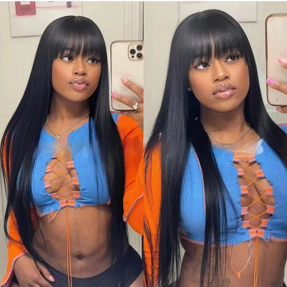 Women's natural color full-mechanism headgear wig in 100% human hair with 150% density and 20 inch length