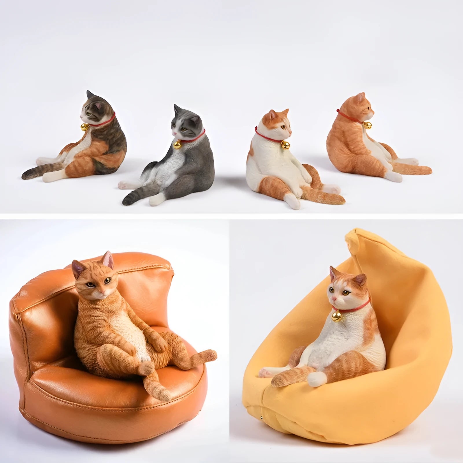 Lazy cat ornament with sofa, a 7.5cm high resin diorama for car dashboard or shelf.