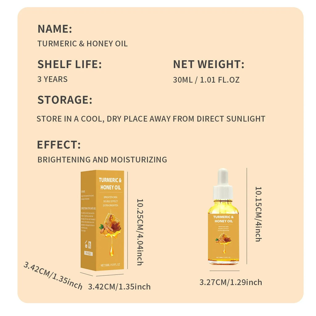 30ml bottle of turmeric honey essential oil in neutral packaging for facial beauty