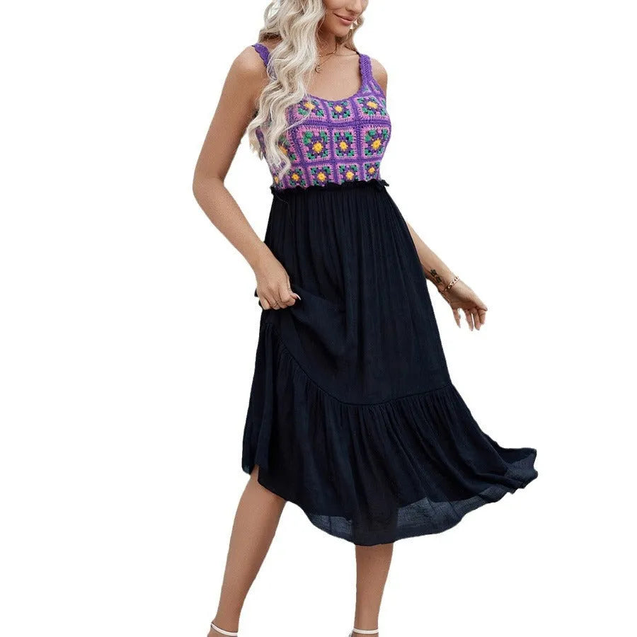 Purple sleeveless dress with hand hook floral stitching on cotton blend fabric