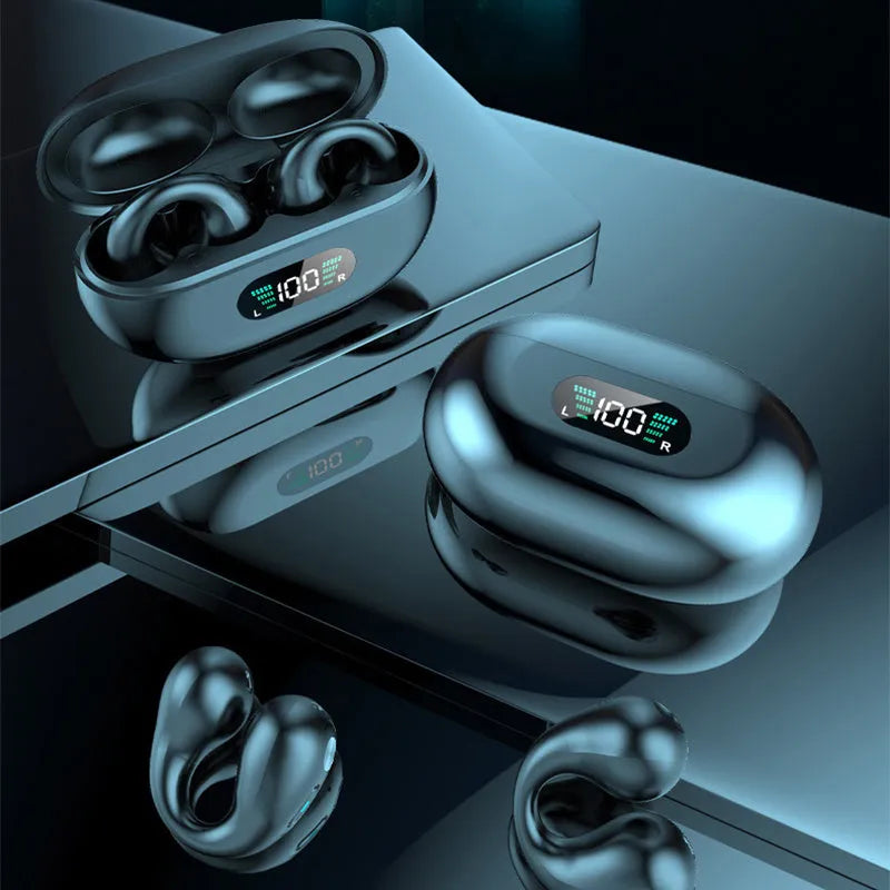 Black bone conduction Bluetooth headset with ear clip design shown on a white background.