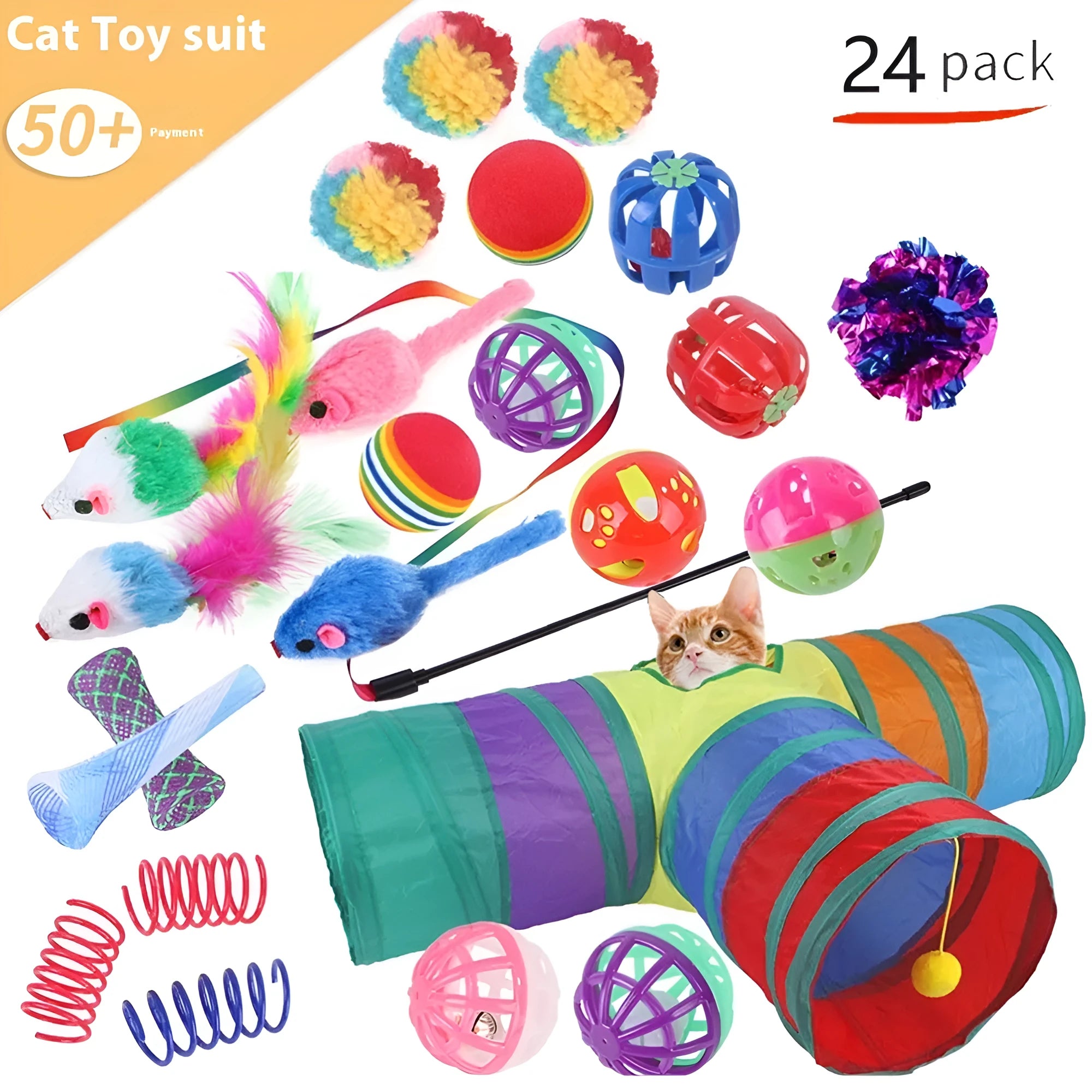 Plastic cat channel toy set with single-layer track and randomly coloured accessories for indoor cats