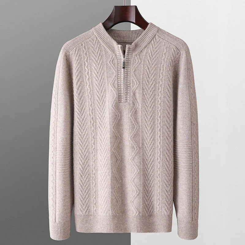 Men's pure wool diamond lattice pattern half-zip sweater in a loose fit.