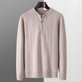 Men's pure wool diamond lattice pattern half-zip sweater in a loose fit.