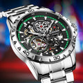 Men's automatic mechanical watch with hollow-out design showing movement through transparent case back
