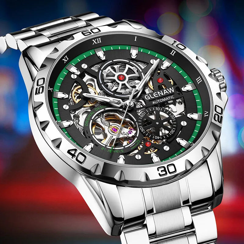 Men's automatic mechanical watch with hollow-out design showing movement through transparent case back