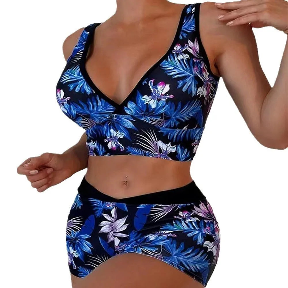 Women's printed boxer style two-piece swimsuit in multicolour pattern with sleeveless top