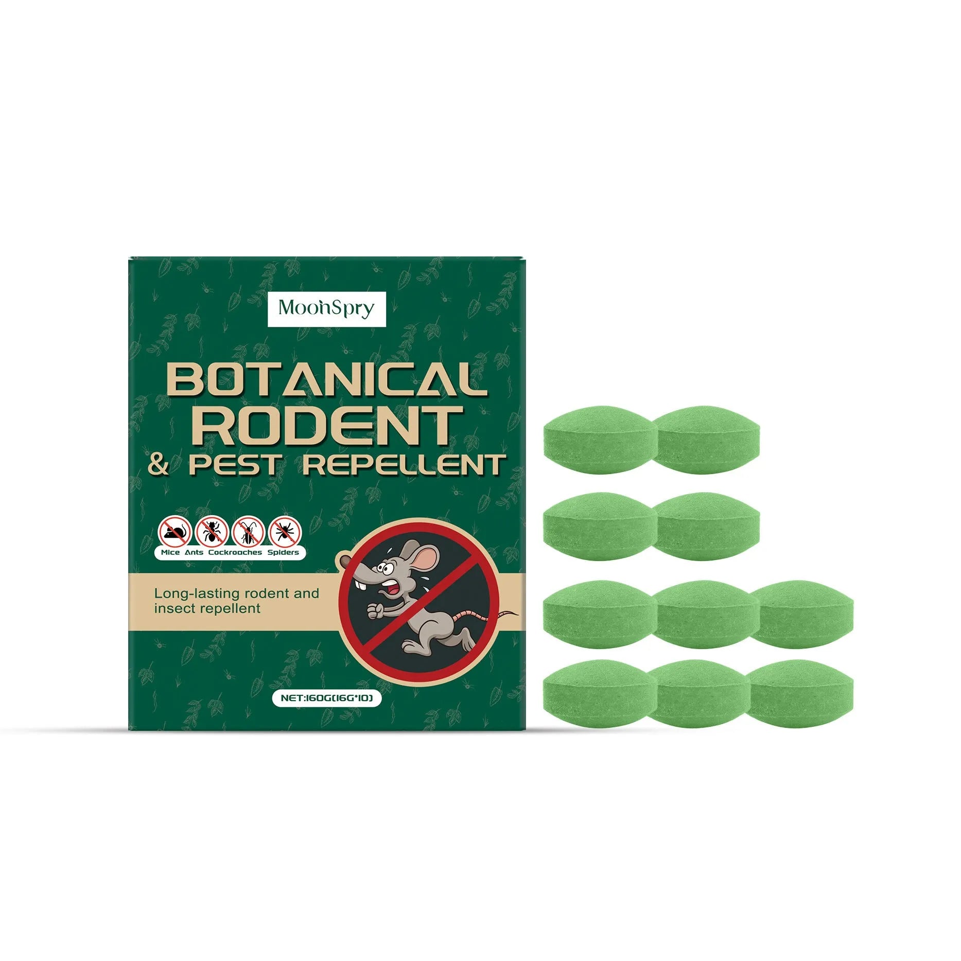Pack of ten 16g mouse repellent pills and three mesh bags for warehouse and household rodent control
