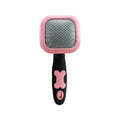 Rectangular pet grooming brush with stainless steel bristles and blue rubber handle on white background
