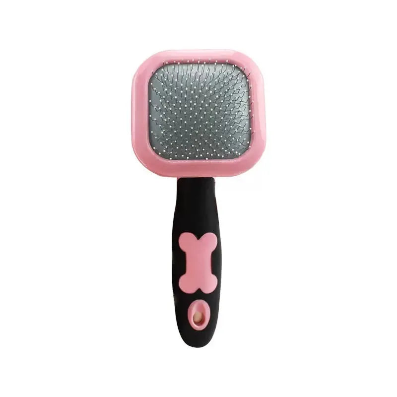 Rectangular pet grooming brush with stainless steel bristles and blue rubber handle on white background