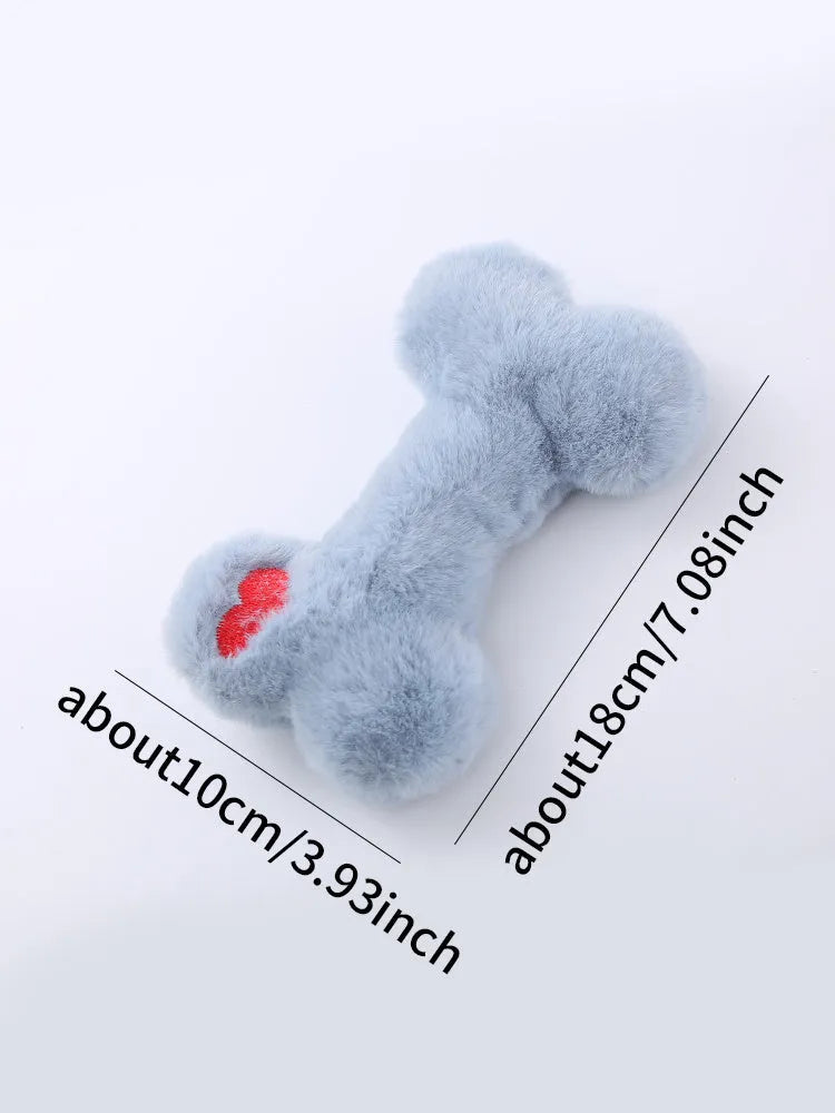 Blue plush bone-shaped dog toy with a squeaker for interactive pet play.
