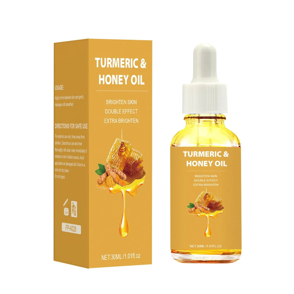 30ml bottle of turmeric honey essential oil in neutral packaging for facial beauty