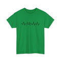 Green cotton short-sleeve t-shirt with printed letter design showing regular sleeve fit