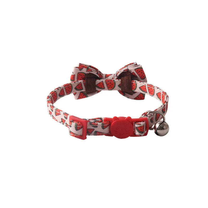 Fruit Series pet collar in peach fabric leather with attached bell, 28cm length, available in watermelon design