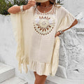 Crochet stitching beach dress with patchwork skirt and tassel details in polyester fabric