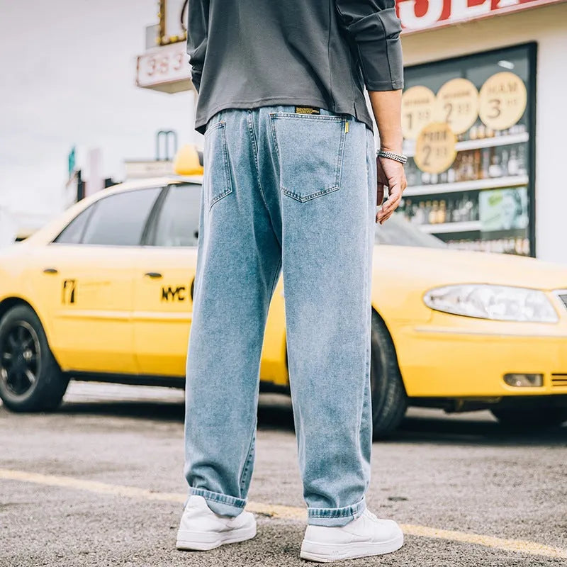 Men's loose straight jeans in dark blue, light blue and grey colour options