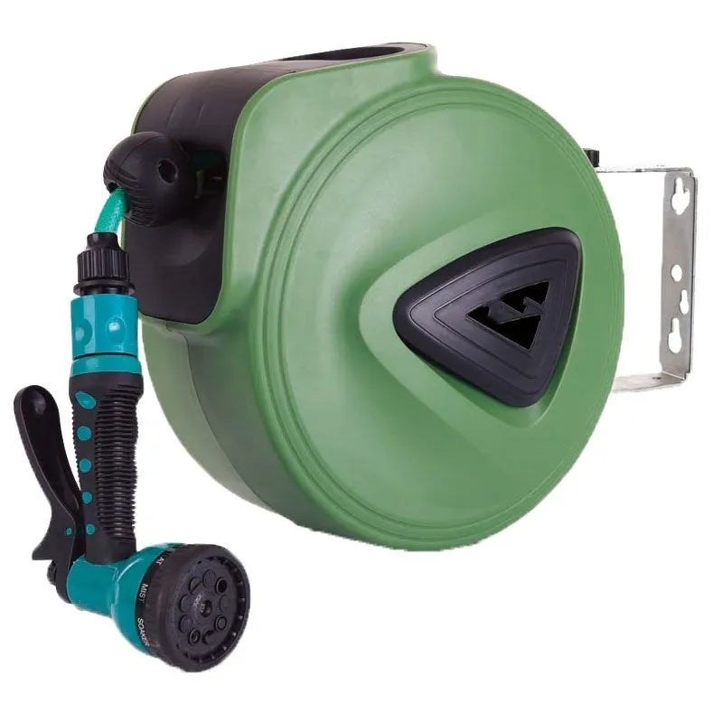 Automatic retractable hose reel unit with 10-metre PVC water pipe for car washing and garden use.