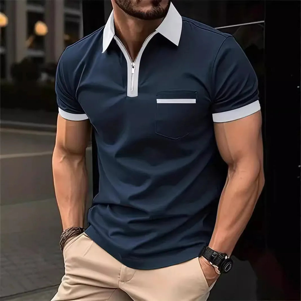 Men's loose fit casual short sleeve shirt with chest pocket in two-tone colour combination