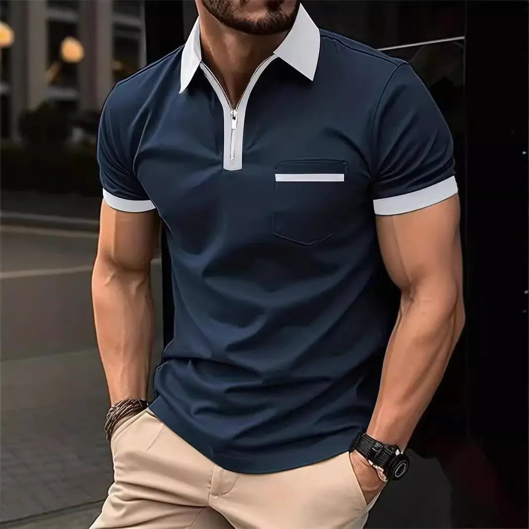Men's loose fit casual short sleeve shirt with chest pocket in two-tone colour combination