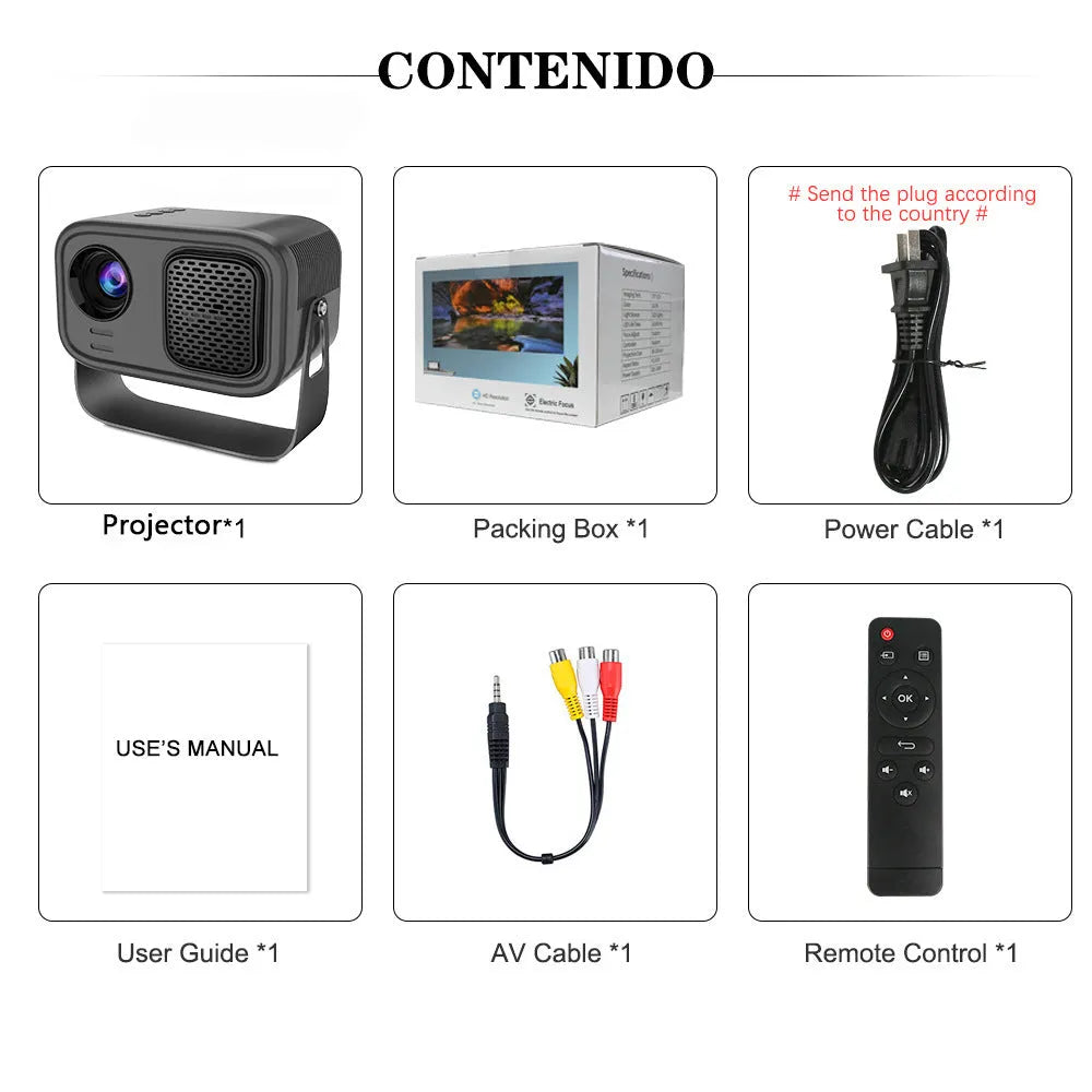 Black portable HD projector with Android system, remote control and multiple power cable adaptors