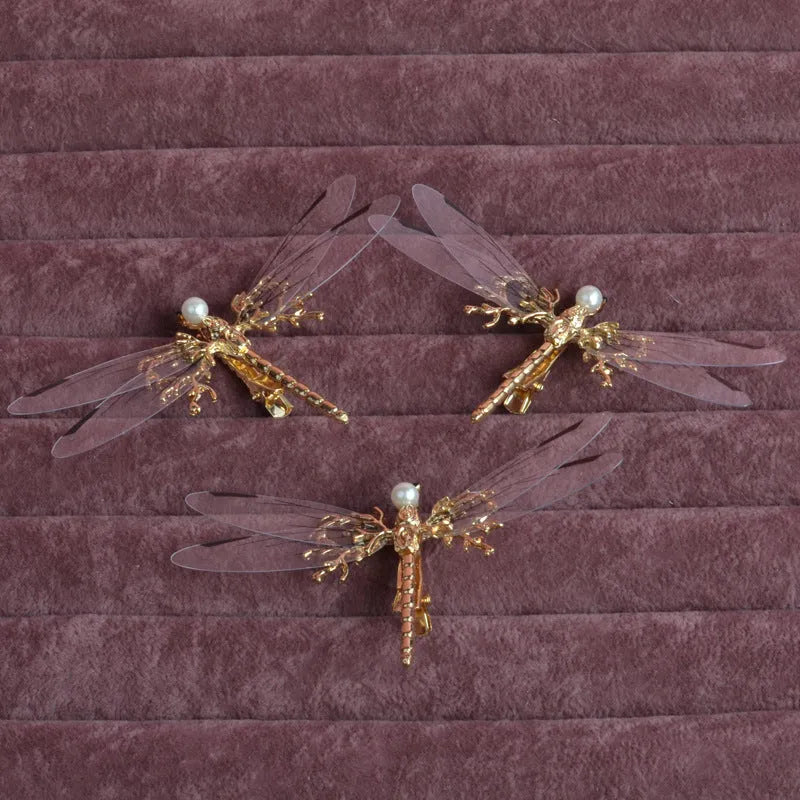 European golden dragonfly side clip headdress in gold-tone alloy with electroplated finish for women