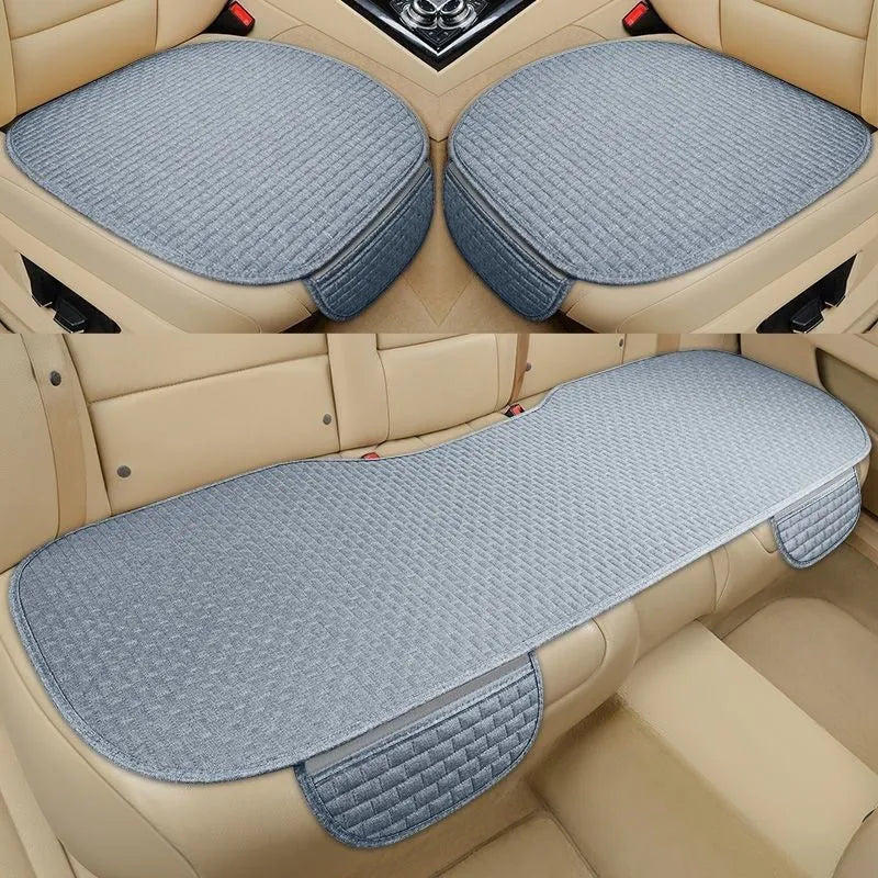 Linen plaid car seat cushion shown in charm coffee colour, featuring a hemmed edge.