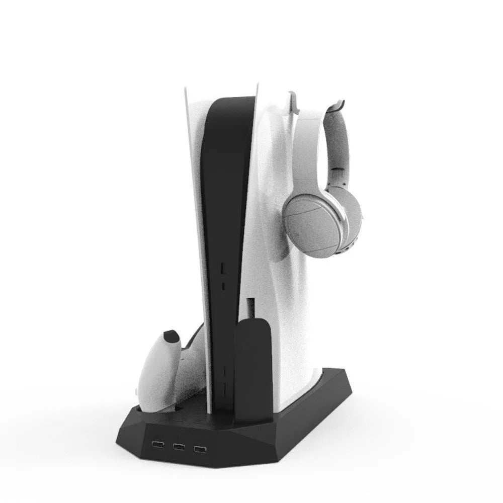 White PS5 charging dock radiator base holding console and charging controllers