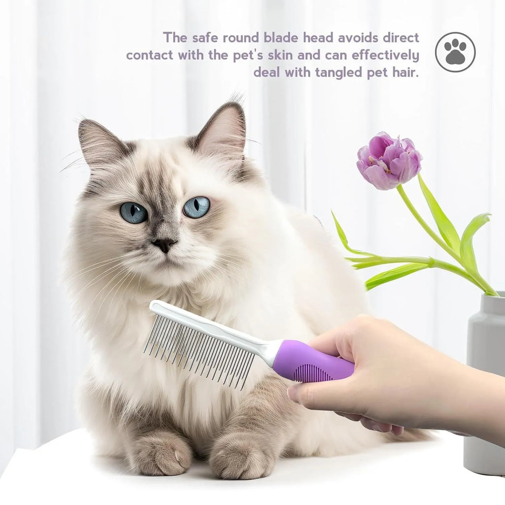 Purple handled pet grooming comb with stainless steel teeth for detangling dog and cat hair.