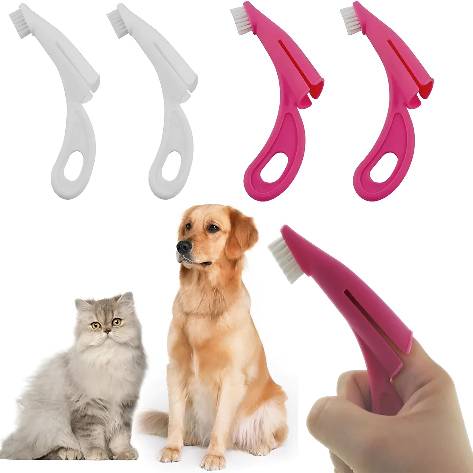 Red and white finger sleeve toothbrush for pet dental cleaning with soft silicone bristles