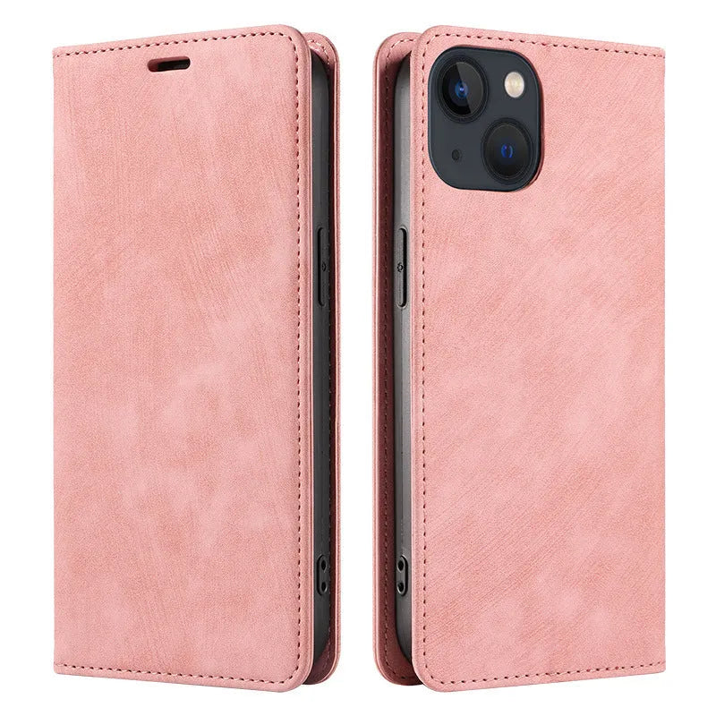 Magnetic flip phone case for iPhone in solid colour options showing TPU and leather construction