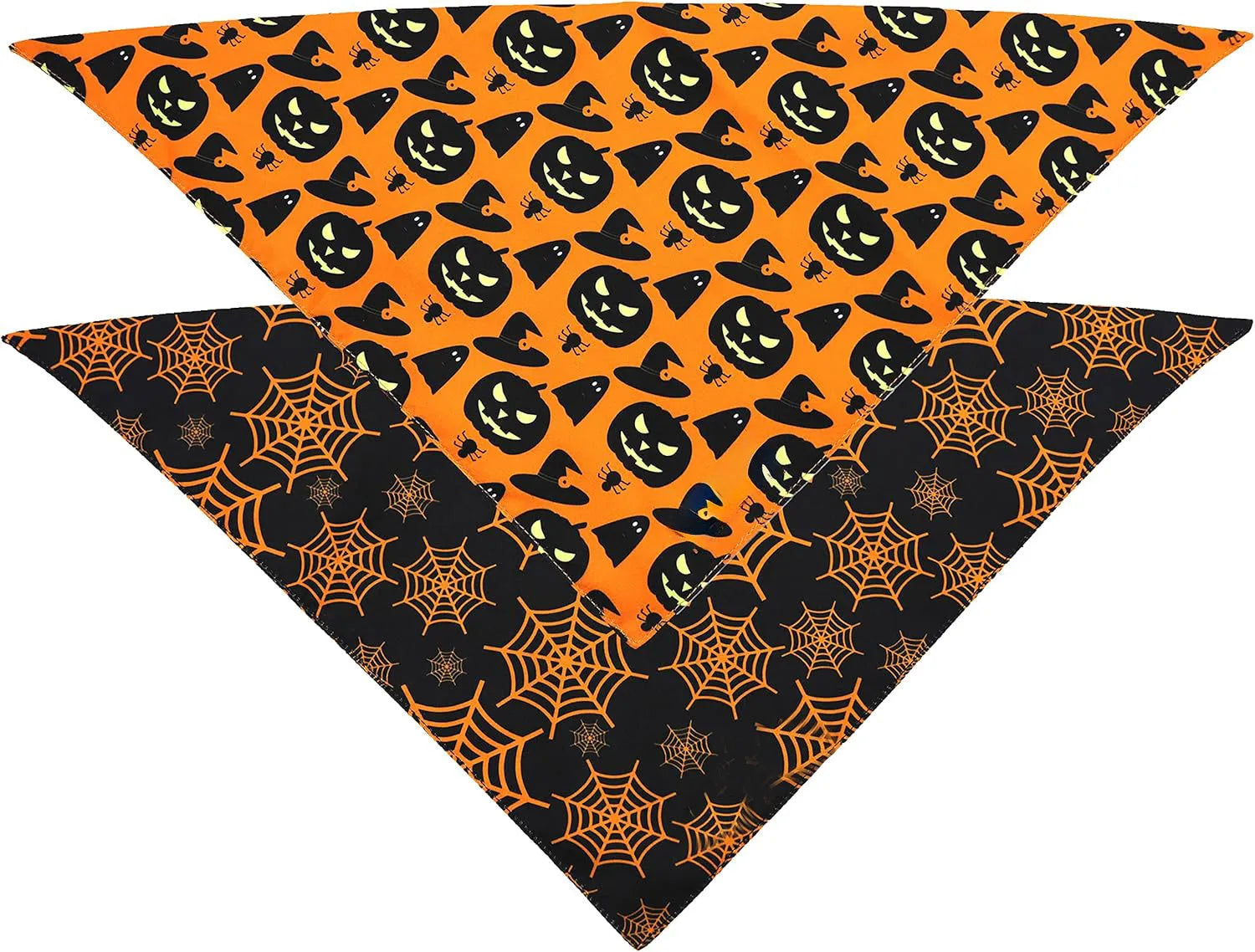 Reversible Halloween dog bandana with pumpkin and spider web patterns in black and orange, 65 x 45 x 45 cm