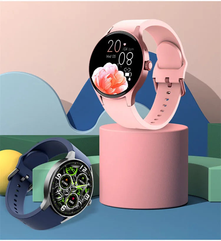Black Bluetooth smart sport watch with round touch screen on a wrist, showing a watch face display.
