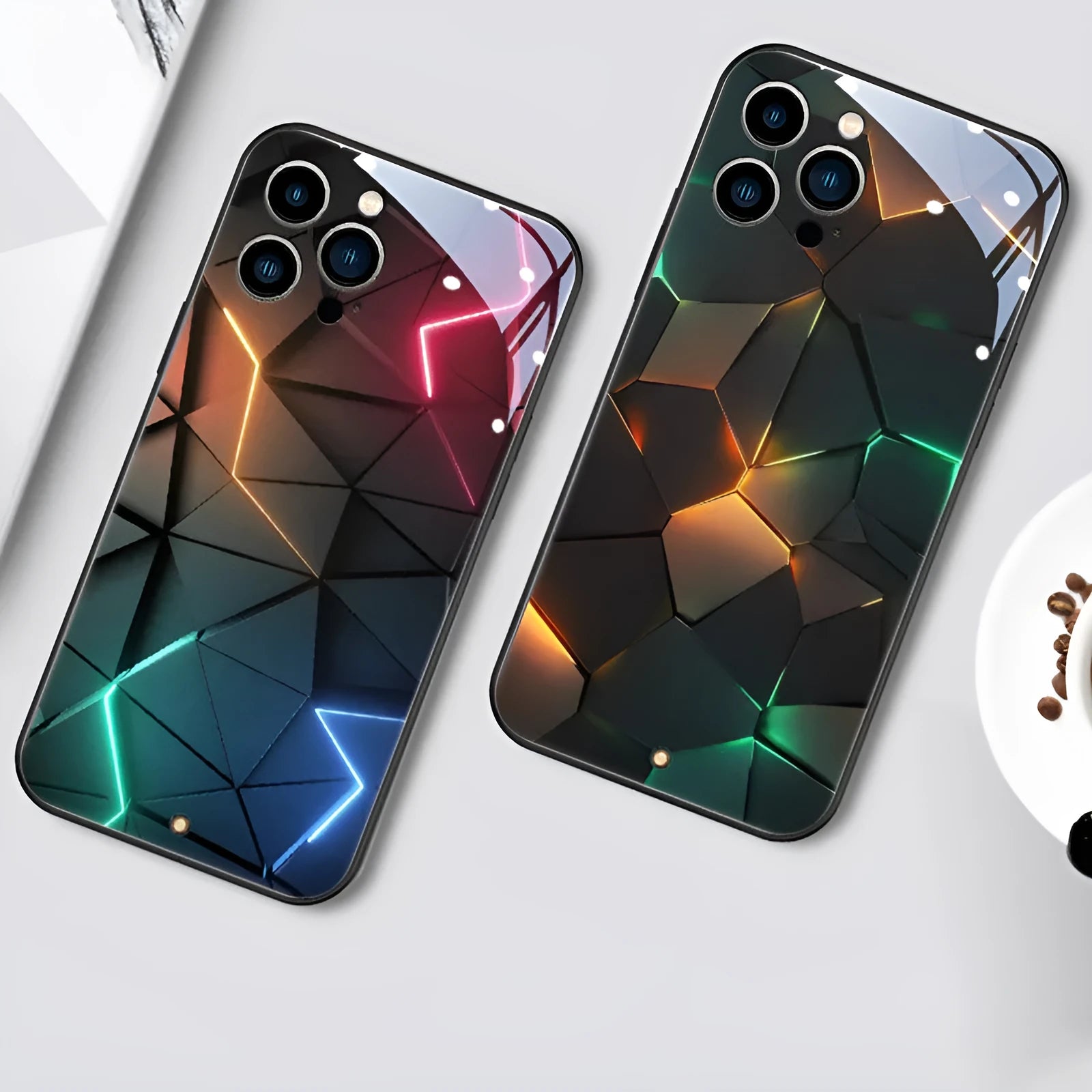 Xpress 14 tempered glass mobile phone case with yellow and green diamond grid pattern and integrated incoming light.