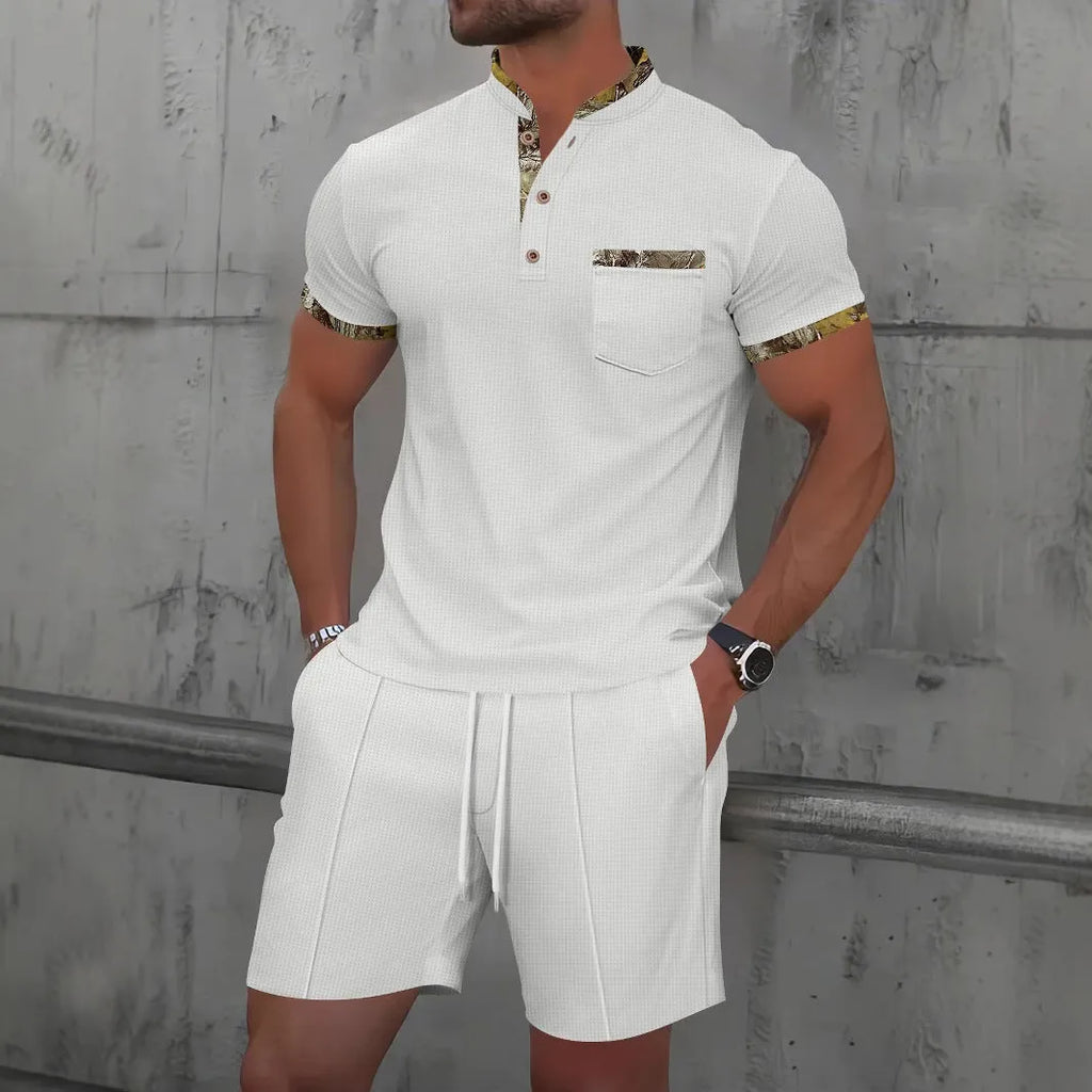 Men's grey cotton blend short sleeve suit with polo collar and matching shorts