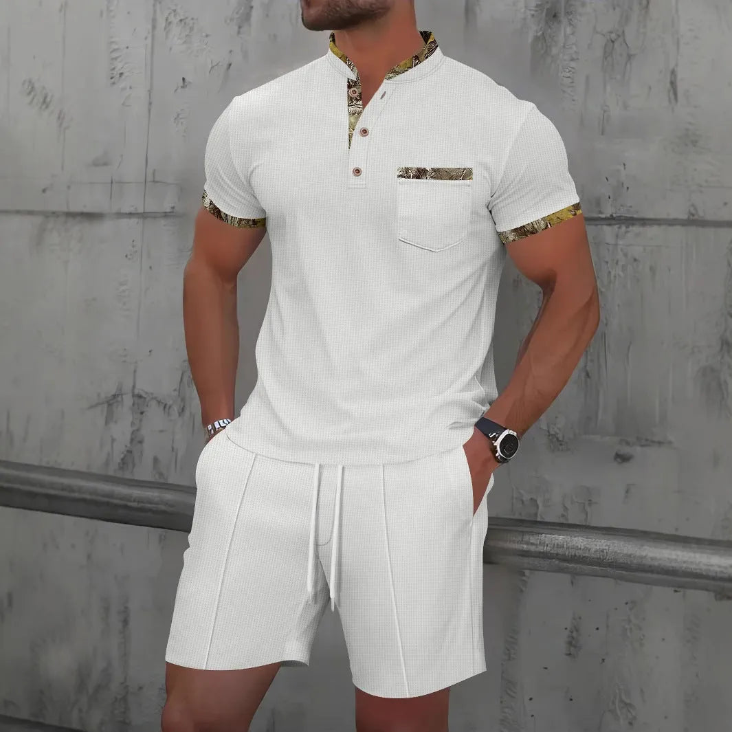 Men's grey cotton blend short sleeve suit with polo collar and matching shorts
