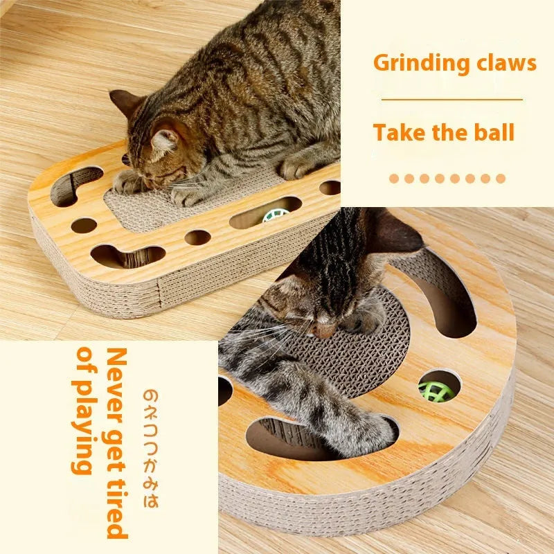 Cat scratch board with ball in wood grain disc style made of corrugated paper