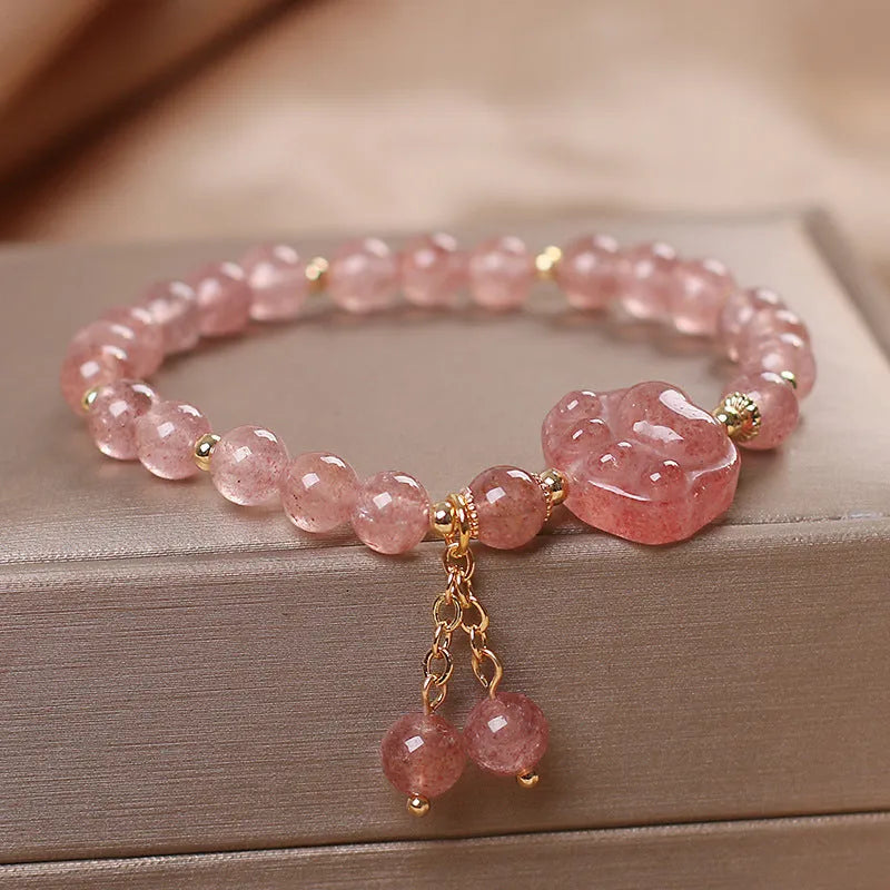 Double-layer crystal bracelet with Lucky Cat charm in Red Cat's Eye Flowers colour