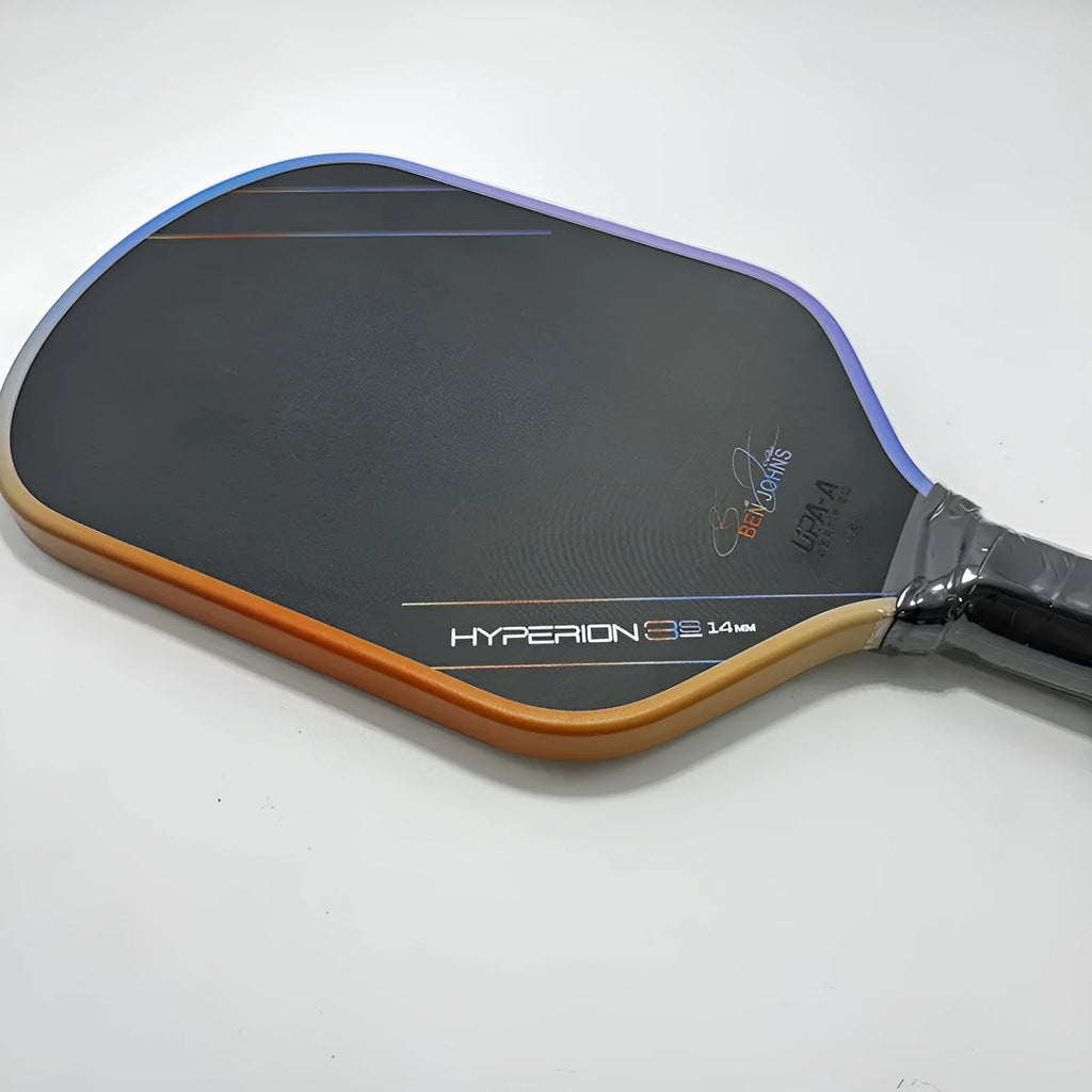 Aurora Hyperion 3s pickleball racket with multi-colour pattern on matte carbon fibre, showing full paddle dimensions.