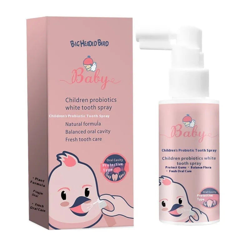 Children's probiotic oral spray bottle for teeth cleaning in strawberry and orange flavours