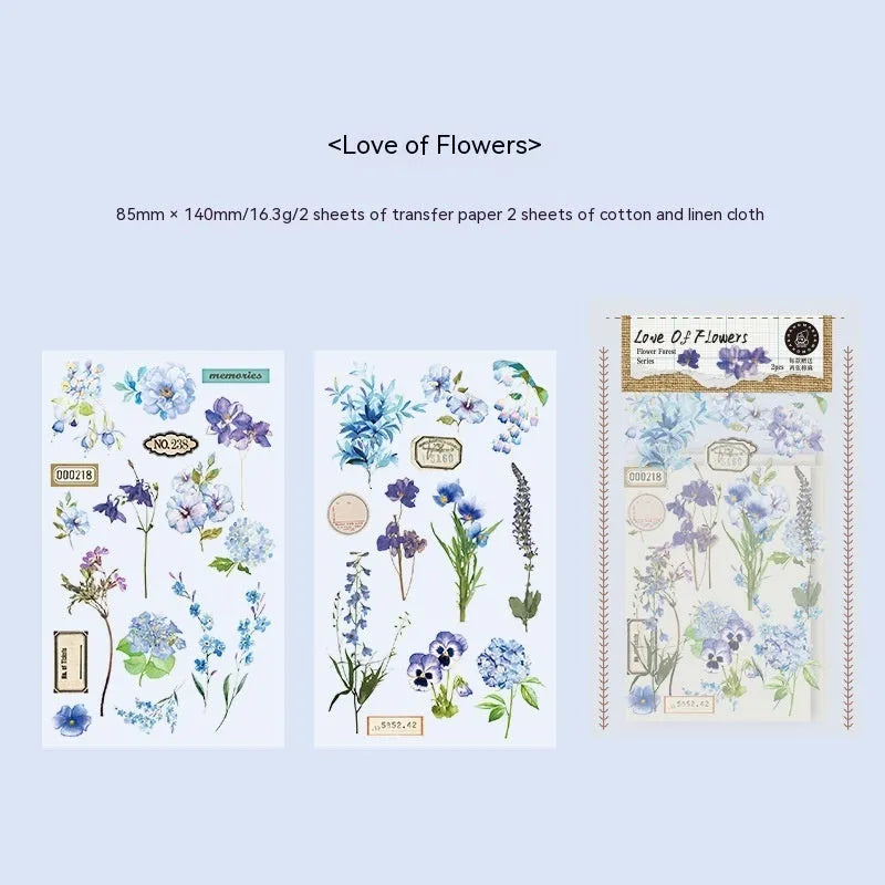 Huazhisen Series sticker material pack showing transfer paper and cotton linen sheets with forest and floral designs