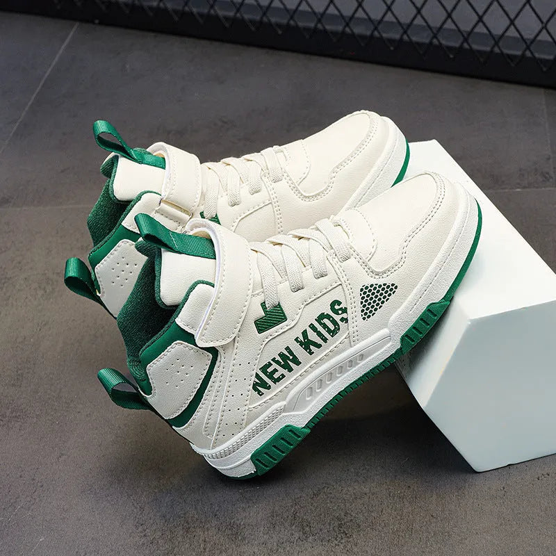 Children's coloured buckle-closure outdoor sneakers on a white background showing PU upper and rubber sole