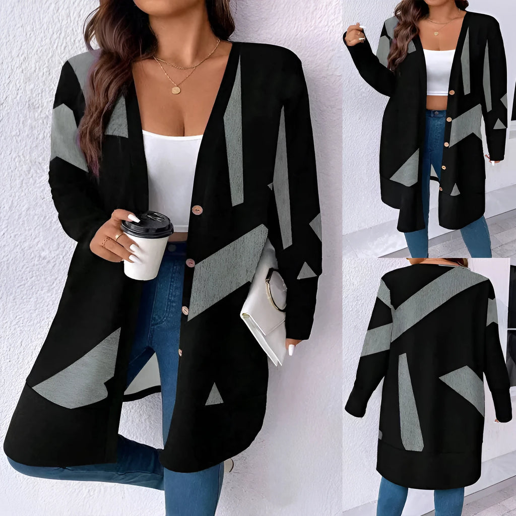 Black plus size cardigan coat with button stitching printing and loose casual fit