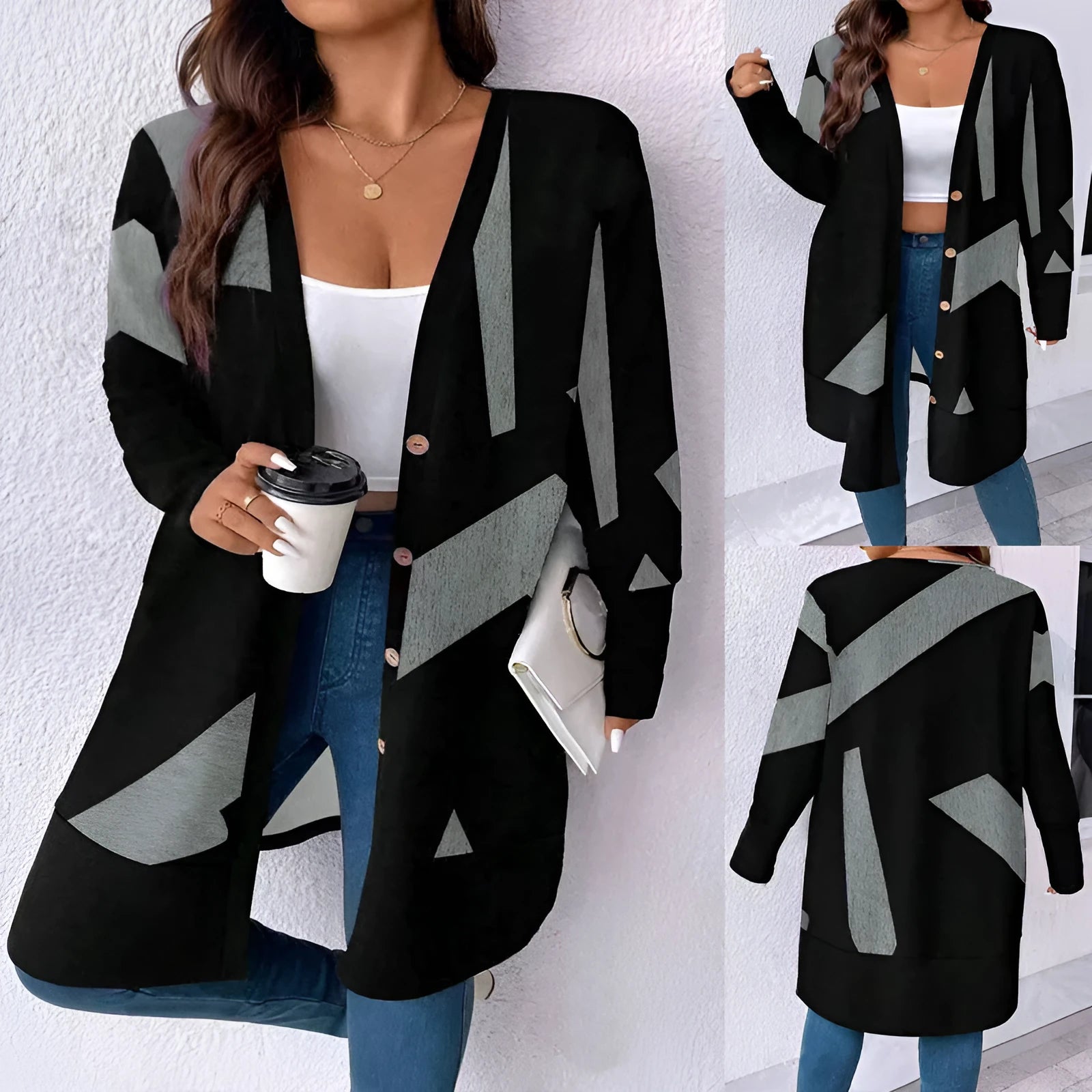 Black plus size cardigan coat with button stitching printing and loose casual fit