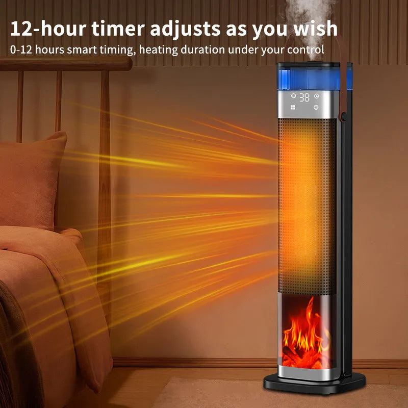 Tall, slim vertical ceramic heater with humidifier tank and remote control on a wooden floor.