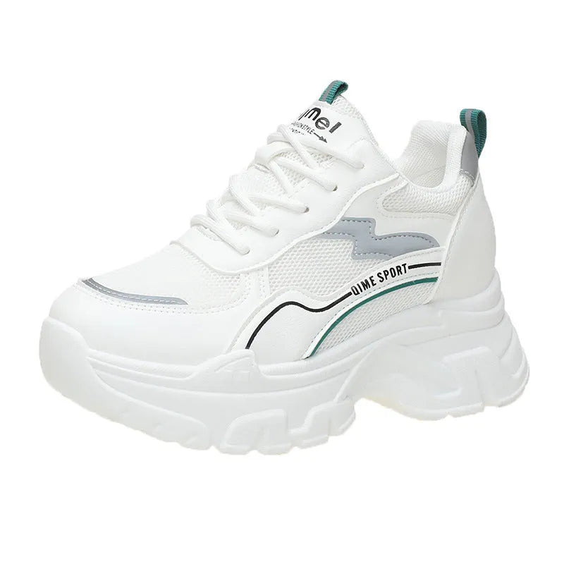 Women's white and beige breathable dad shoes with cross shoulder straps and a lace-up front.