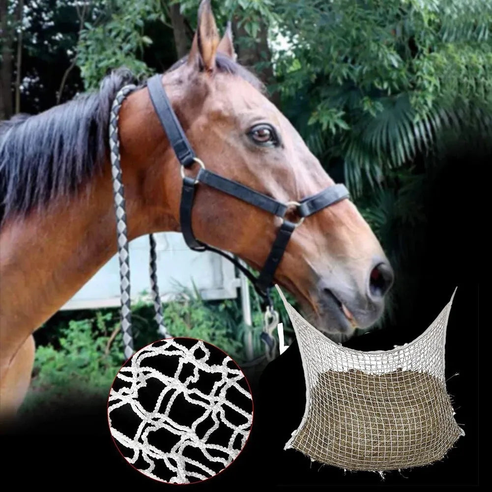 Woven PE rope horse feeding bag with grid pattern in black colour, shown hanging with hay