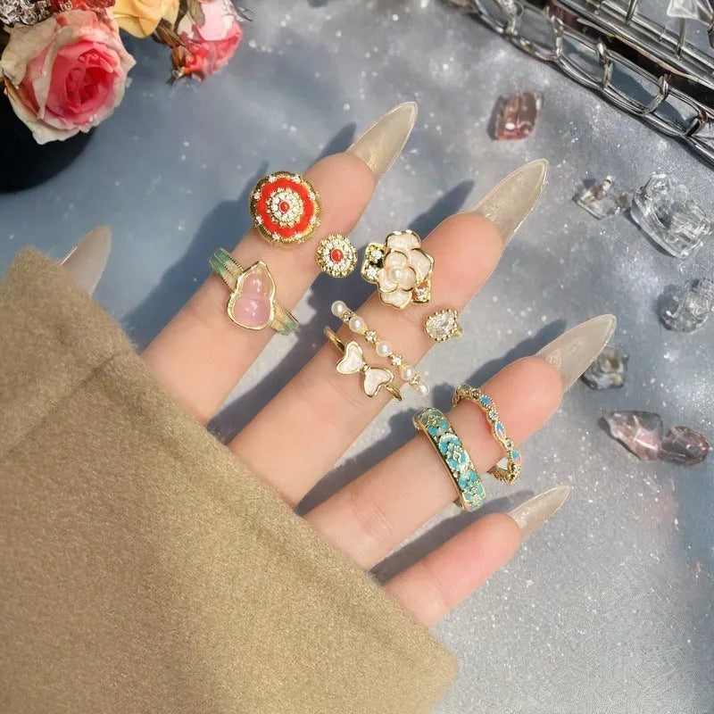 Copper adjustable gourd ring with vintage oil dripping finish and inlaid zircon stones